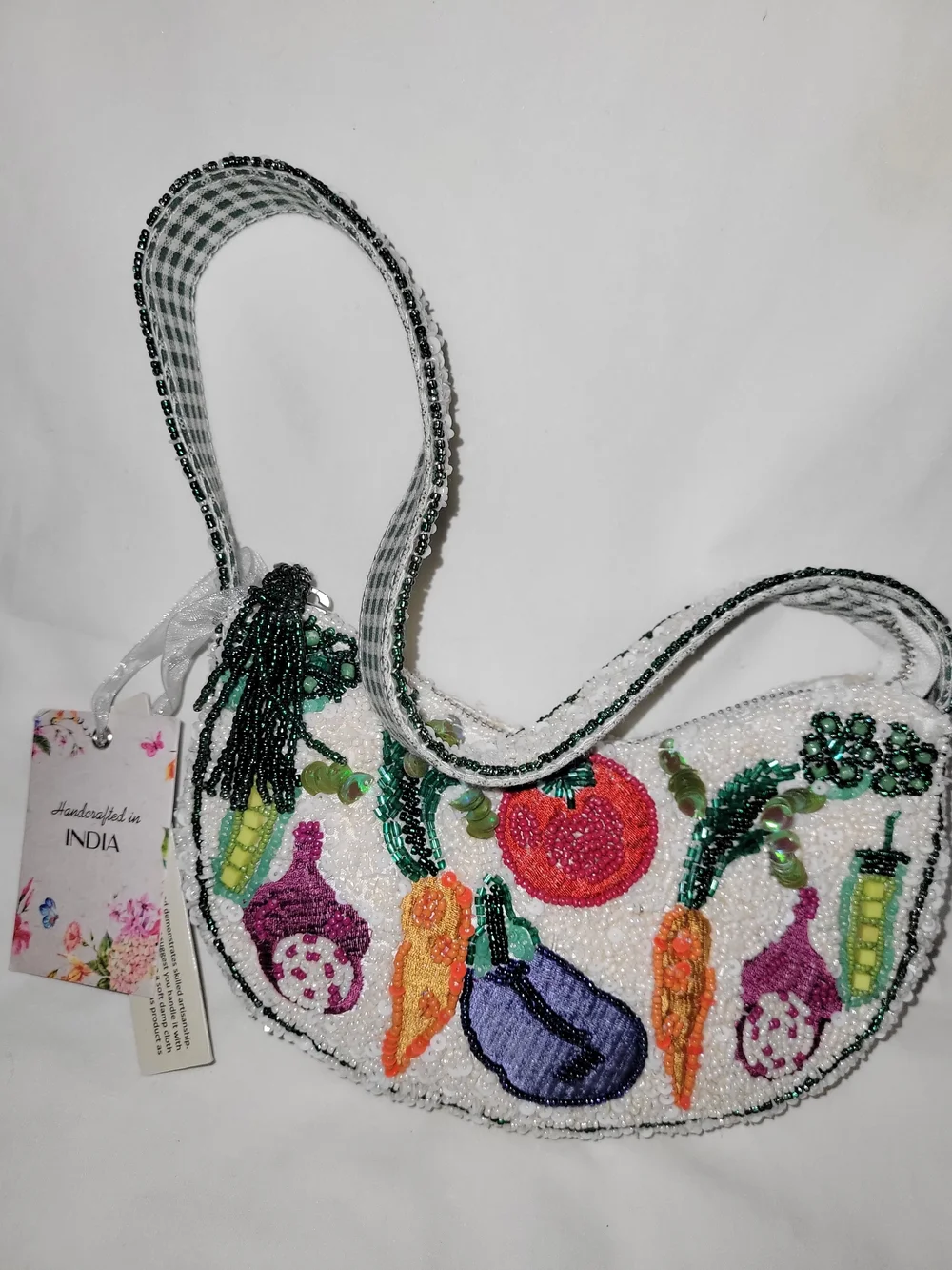 Handcrafted Beaded Vegetable Motif Shoulder Bag - White